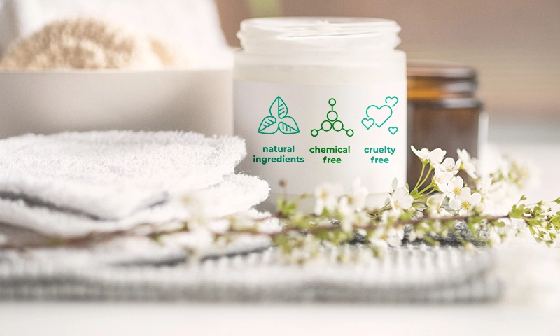 Container with chemical natural ingredients, chemical free and cruelty free on the label.