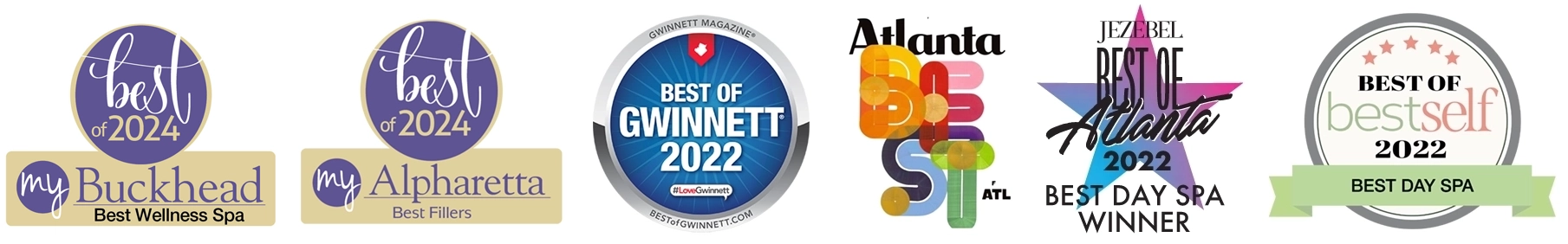 Best of 2024 Buckhead Best Wellness Spa, Best of 2024 Alpharetta Fillers, Best of Gwinnett, Atlanta Best - Jezebel Best of Atlanta, Best of BestSelf 2022 Best Day Spa