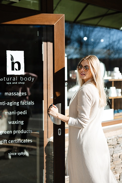 Spa guest entering Natural Body Spa & SkinReMEDI