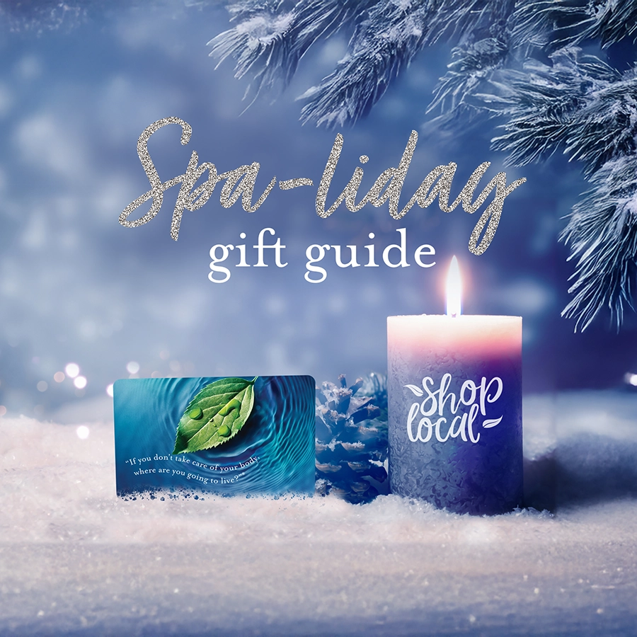 Spa-liday gift guide with Natural Body Spa & SkinReMEDI gift card and candle with shop local